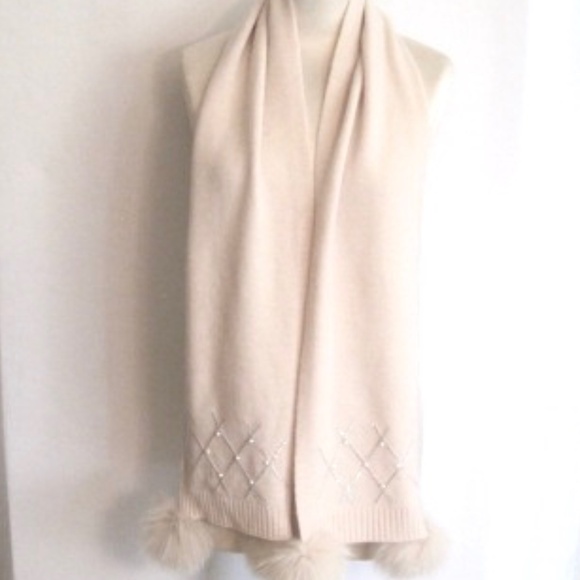 Michie's Criss Cross Scarf With Fur Pom Poms - Picture 2 of 9